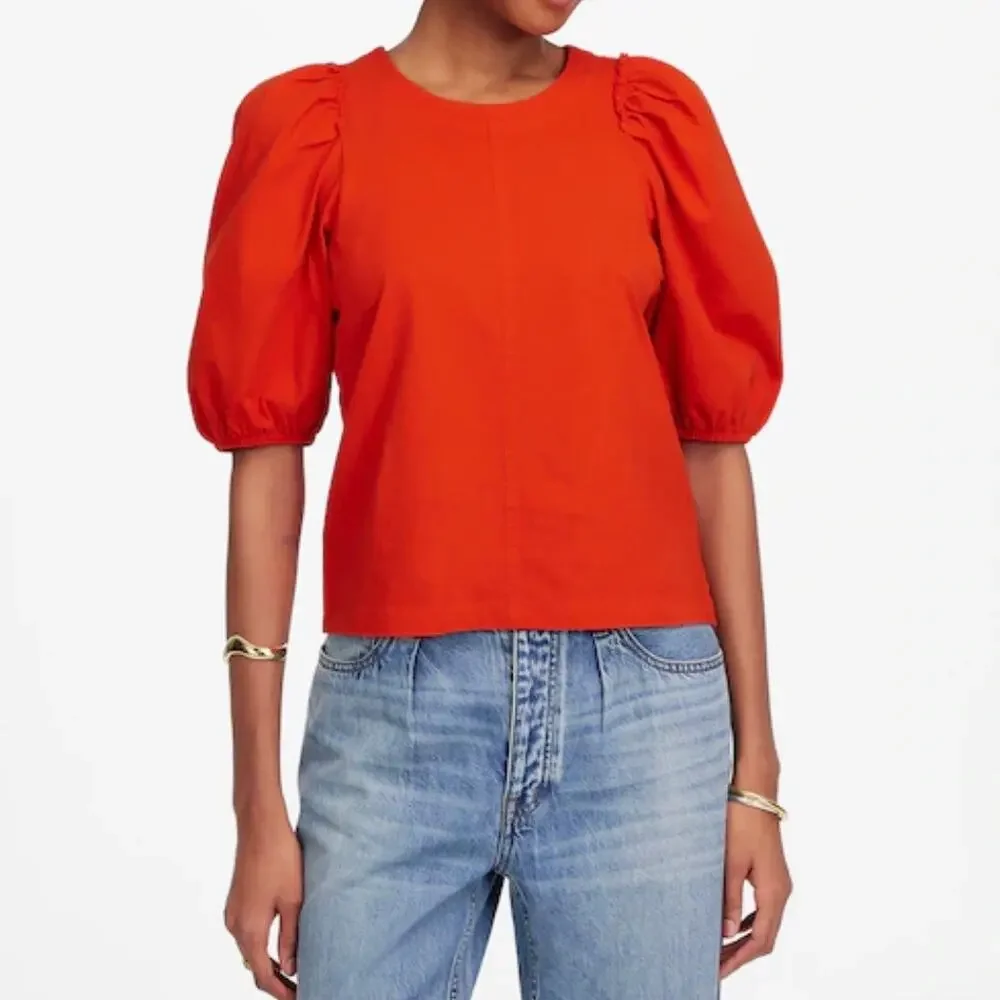 Madewell Puff Sleeve Cotton Crewneck Tee Shirt Bright Flame Women’s Size XXS NWT